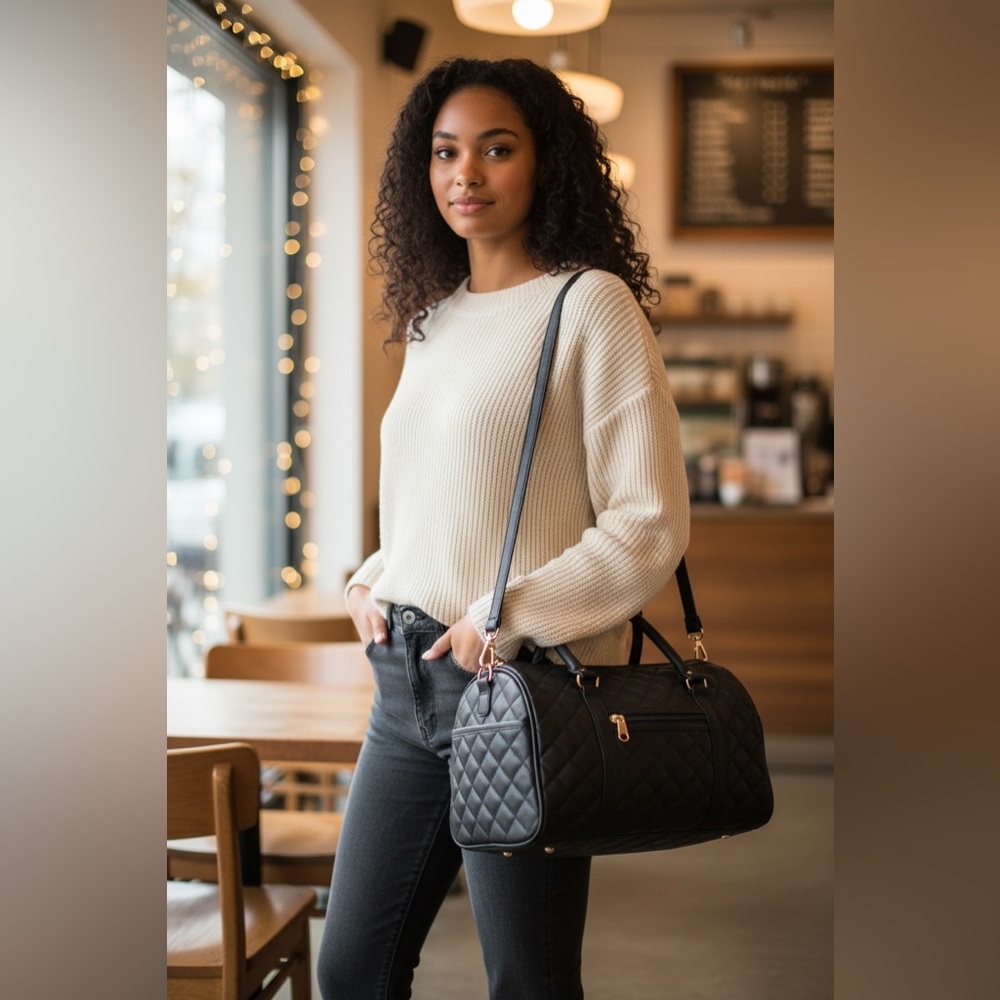 Duffel Bah Quilted with 2 side pockets and a crossbody strap